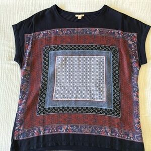 Women’s top, navy blue with bandana design on front. Size L.